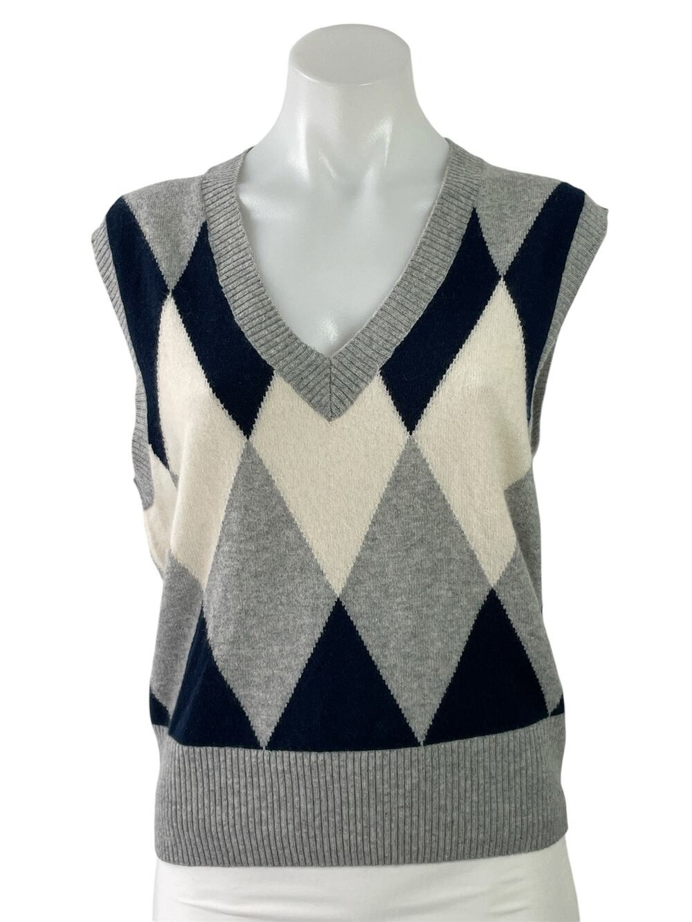 J.Crew Cashmere Gray Black White Checkered V-neck Knit Sweater Vest Tank Top XS